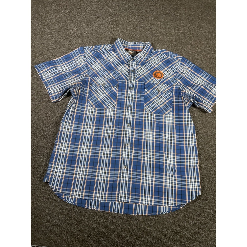Harley Davidson Shirt Men 2XL Blue Plaid Vented Reflective Skull Woven Button Up